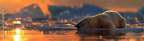 Polar bear resting on ice in the Arctic during golden hour with a stunning sunset and reflections in the water.