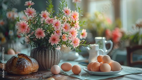 A festive Easter brunch table with decorated eggs, pastries, and fresh flowers, ready for family gathering List of Art Media 3D render