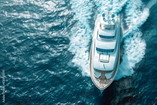 Ultra-realistic photograph of a luxury yacht in the sea, viewed from a high angle