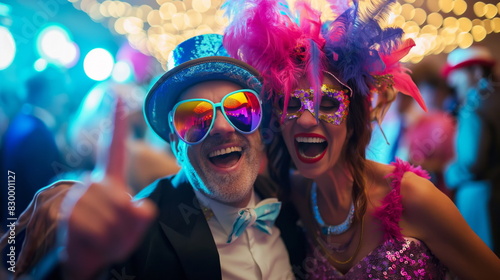 Couple wearing silly costumes and making funny faces at a masquerade ball