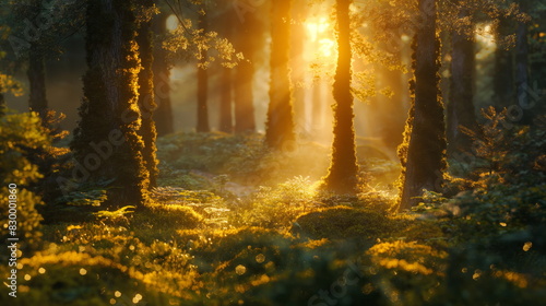 Fantasy fairy-tale magical forest, sunny evening light through the branches of trees. Magical trees in a wooded area. Haze at sunset, plants, moss and grass in the forest