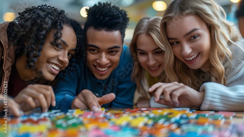 Happy Multiracial Team Building Puzzle, Group of diverse young friends enthusiastically solving a jigsaw puzzle, focused and smiling