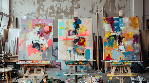 Three contemporary abstract paintings on the art studio. Nonfigurative abstract paintings of the same artistic series with colorful stains and strong brush texture. Generative AI.