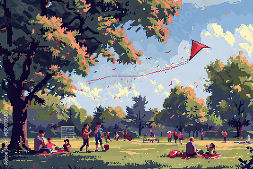 A nostalgic pixel art rendition of a Labor Day picnic at a local park
