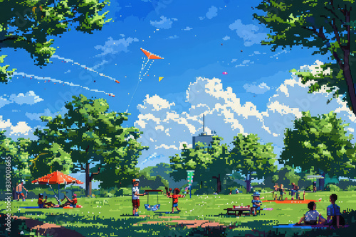 A nostalgic pixel art rendition of a Labor Day picnic at a local park