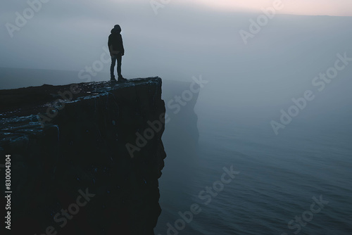 Silhouette of a person standing at the edge of a cliff, conveying the overwhelming feelings of depression, depression and stress from environment pressure and work