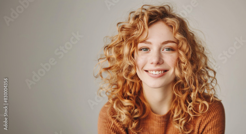 Portrait of a red-haired curly beautiful girl on a beige background