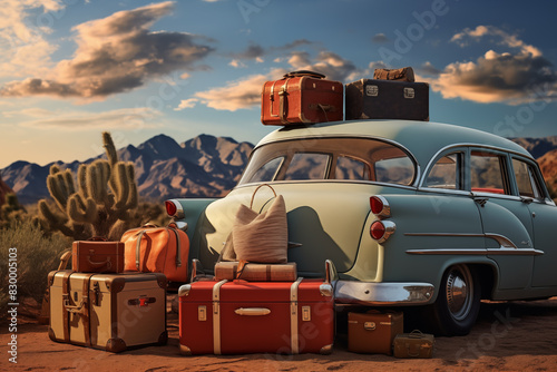 a 1950s family road trip scene with a vintage station wagon packed with luggage