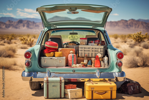 a 1950s family road trip scene with a vintage station wagon packed with luggage