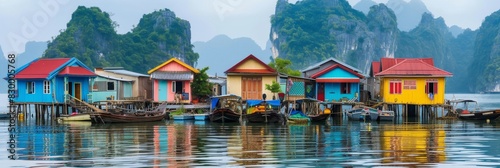 One of Halong Bay floating fishing villages, with colorful houses on stilts and traditional fishing boats