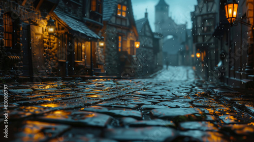 Evening Rainfall on Cobbled Street in Medieval Village With Warm Lanterns and Historical Architecture, Atmospheric Urban Scene Captured in High-Detail With Focused Foreground and Blurred Background