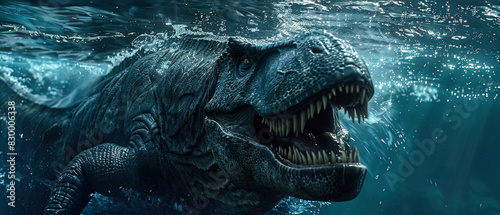 Detailed shot of a Mosasaurus in maritime ventures, emphasizing its dominance in aquatic business operations, suitable for maritime industry themes