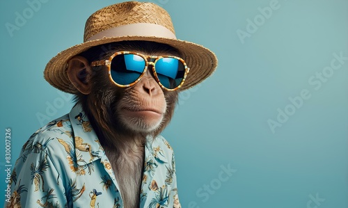 monkey wearing straw hat and sunglasses on summer theme blue background