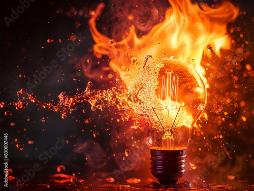burning light bulb on a black background, close-up