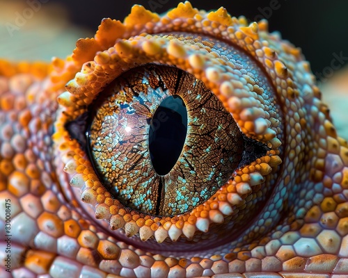 Detailed shot of a geckos eye, revealing the intricate patterns and night vision capabilities, ideal for herpetological research