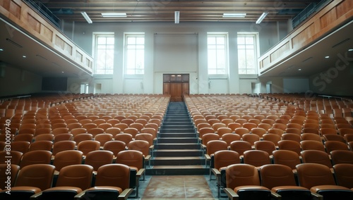 Frontal view of empty, immaculate university lecture hall with stadium seating
