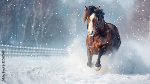 Trotting Clydesdale horse in wintry conditions