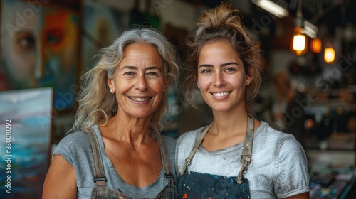 Cheerful middle aged woman with Young artist woman attend a painting workshop together and have fun. happy and cool smile on face showcasing their creative bond. Generative AI