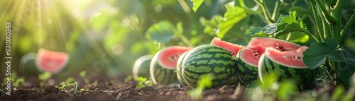 Freshly harvested watermelons with slices and whole fruits in a green garden under morning sunlight, showcasing organic farming and healthy eating.