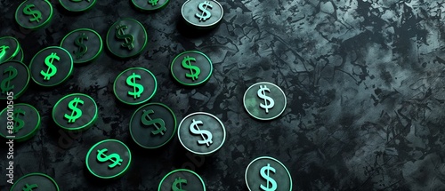 Charcoal and green currency symbols horizontal mobile web banner fintech backdrop background for copy space.banner grunge backdrop