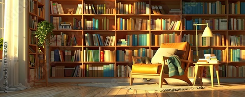 Cozy reading nook with an armchair and floor lamp in front of a large bookshelf filled with books, bathed in warm natural light.