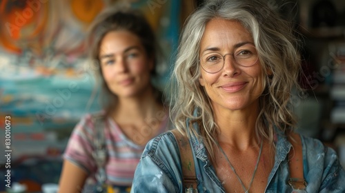 Cheerful middle aged woman with Young artist woman attend a painting workshop together and have fun. happy and cool smile on face showcasing their creative bond. Generative AI