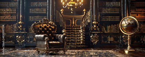 Luxurious vintage library with ornate chair and globe, featuring rich woodwork, grand staircase, and warm lighting.