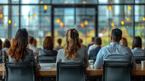 Business team attending a seminar in a modern office setting, focusing on presentations with large windows in the background.