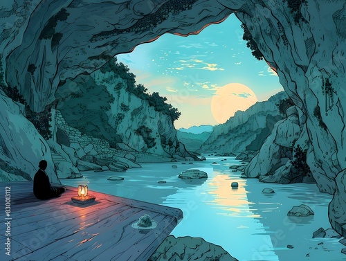 Serene Solitary Contemplation in Mystical Mountainous Riverine Cavern at Sunset