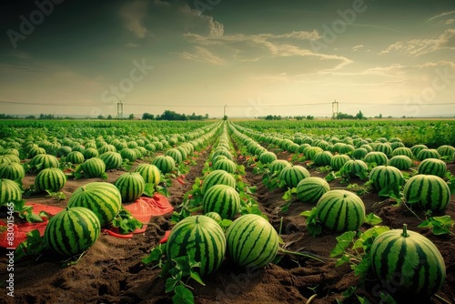 Vast watermelon field under a dramatic sky, showcasing rows of ripe melons ready for harvest in a picturesque rural setting.