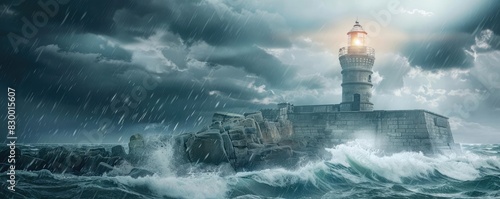Dramatic lighthouse standing strong amidst a stormy sea, illuminating the dark, cloudy sky with its guiding light.
