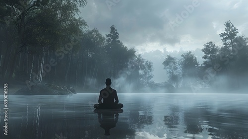 Lone figure meditating in serene,misty forest lake landscape