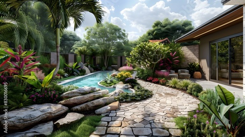 Courtyard with swimming pool and tropical plants