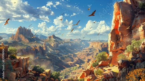 A photo of a hidden canyon with colorful rock formations, a clear sky with soaring birds and ancient carving