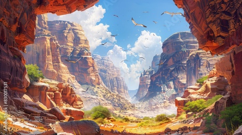 A photo of a hidden canyon with colorful rock formations, a clear sky with soaring birds and ancient carving