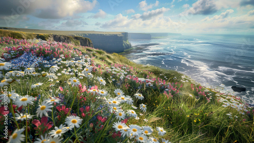 a windswept coastal plain, where wildflowers cling to the cliffs overlooking the sea