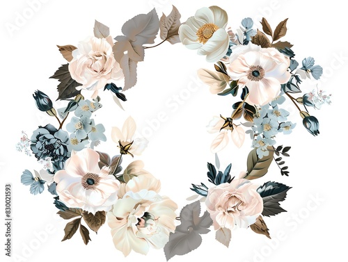An illustration of a wreath of flowers with a white background. The flowers are mostly white, with some blue and pink flowers.