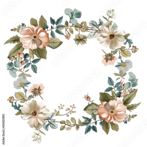 An illustration of a detailed botanical wreath with cream, mauve, and dusty blue flowers.