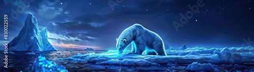 A mesmerizing digital artwork of a glowing polar bear on an icy landscape, illuminated under a starry night sky. Stunning and ethereal scene.