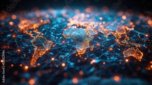 Global network visualization showcasing interconnected world map with glowing nodes, representing technology and communication.