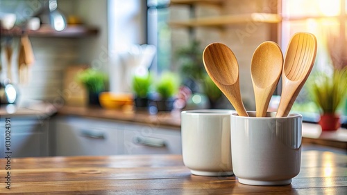 Wooden spoons in white ceramic holders on a kitchen counter with a bright and cozy background.