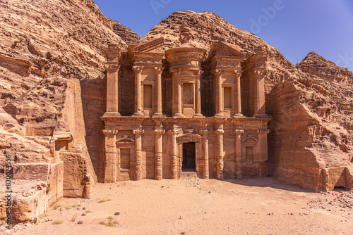 Grand Ad Deir Monastery in Petra, Jordan: Majestic Scale and Intricate Nabatean Architecture Carved into Sandstone Cliffs