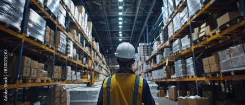 Warehouse setting with coworkers, hardhats and vests, checking inventory lists, large shelves and boxes in the background, industrial environment, precise detail