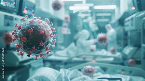 Virus cells superimposed over medical equipment. Double exposure portrays the intersection of healthcare and infectious diseases.