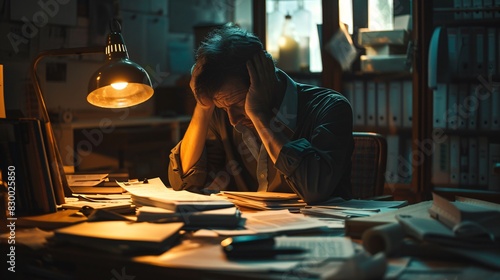 Businessman sitting alone in a dimly lit office, holding his head in his hands, surrounded by documents indicating financial failure, representing bankruptcy and hopelessness.