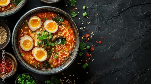 Miso Ramen Asian noodles with egg, enoki and pak choi cabbage in bowl on dark concrete background