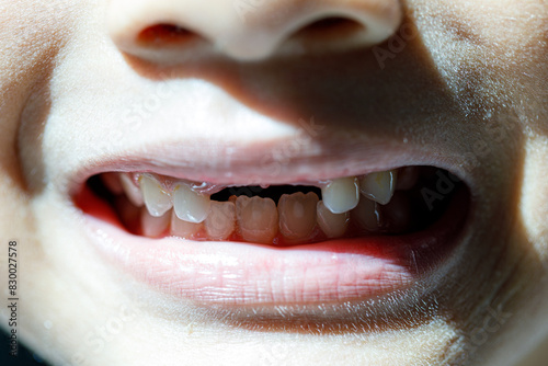 Close up image of the mouth of a little boy who just lost her two front teeth. New teeth are growing in where the old ones have fallen out