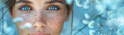 Close-up of a woman with blue eyes and freckles surrounded by delicate white flowers, creating an ethereal and natural beauty look.