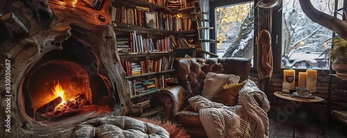 Cozy rustic reading nook with a blazing fireplace, comfortable armchair, and bookshelves filled with books, perfect for winter relaxation.