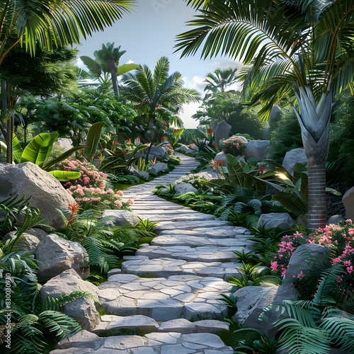 A stone path winds through a lush tropical rainforest